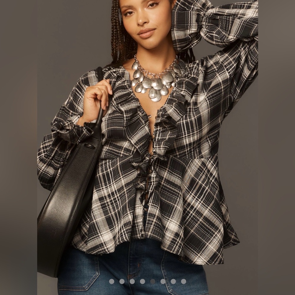 Anthropologie Monochrome Plaid Ruffle Blouse
